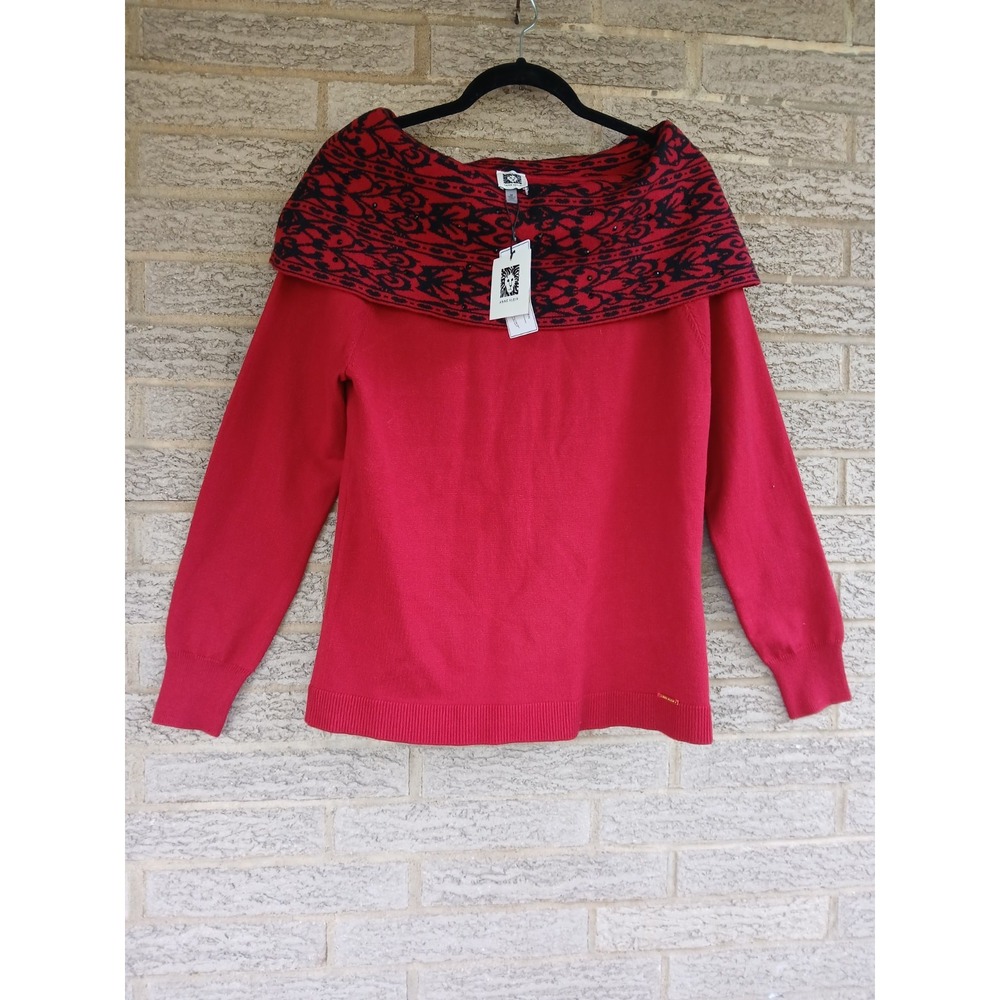 NWT Anne Klein Red/Black Jacquard Off-Shoulder Sweater Size M Beaded